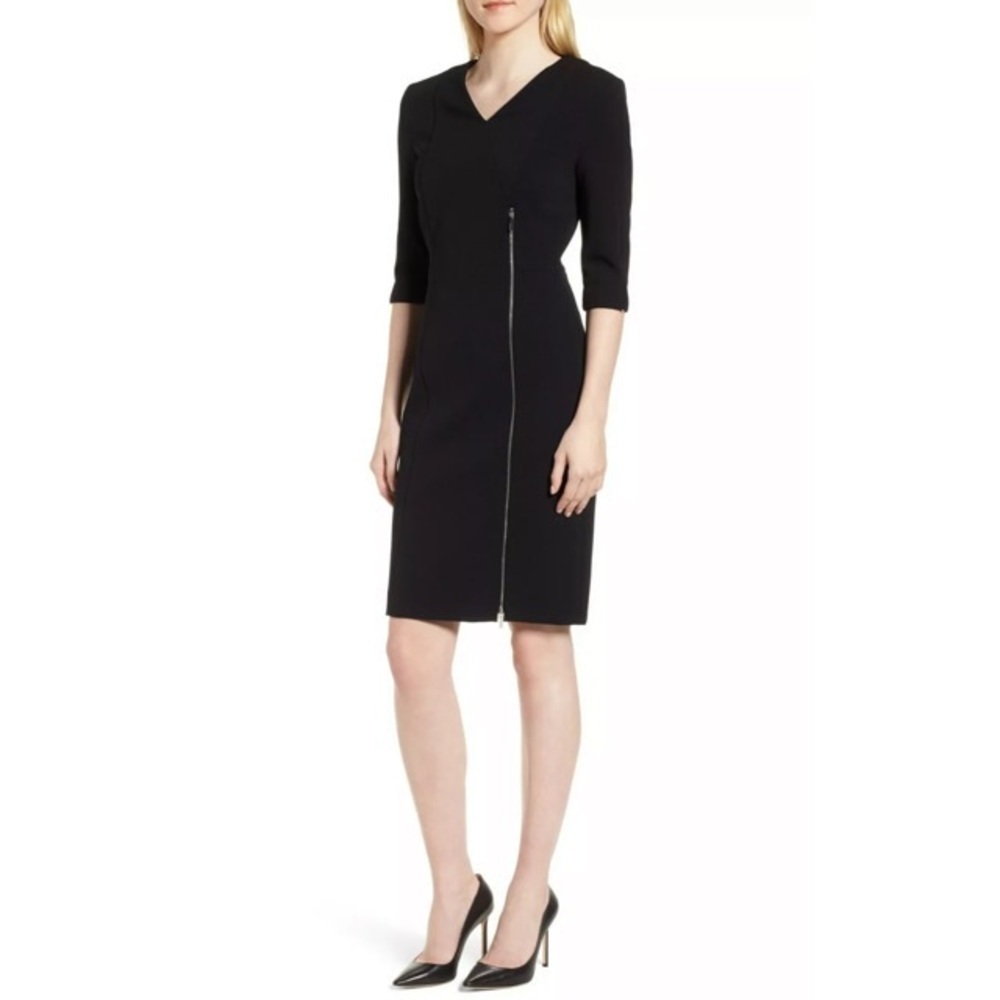 BOSS Hugo Boss Deazema Twill Jersey Dress Black Zipper Accent Sheath Size 6 EUC
